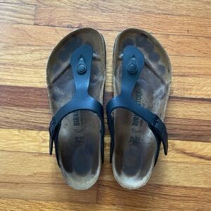 Birkenstock Black Leather Arizona Gizeh Thong Sandals